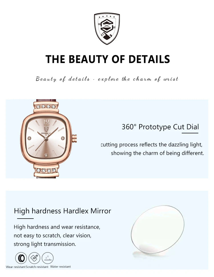 POEDAGAR Naisten Luksuskello – Neliömuotoinen Timanttitaulu, Nahkaranneke, Vedenkestävä, Kvartsikello