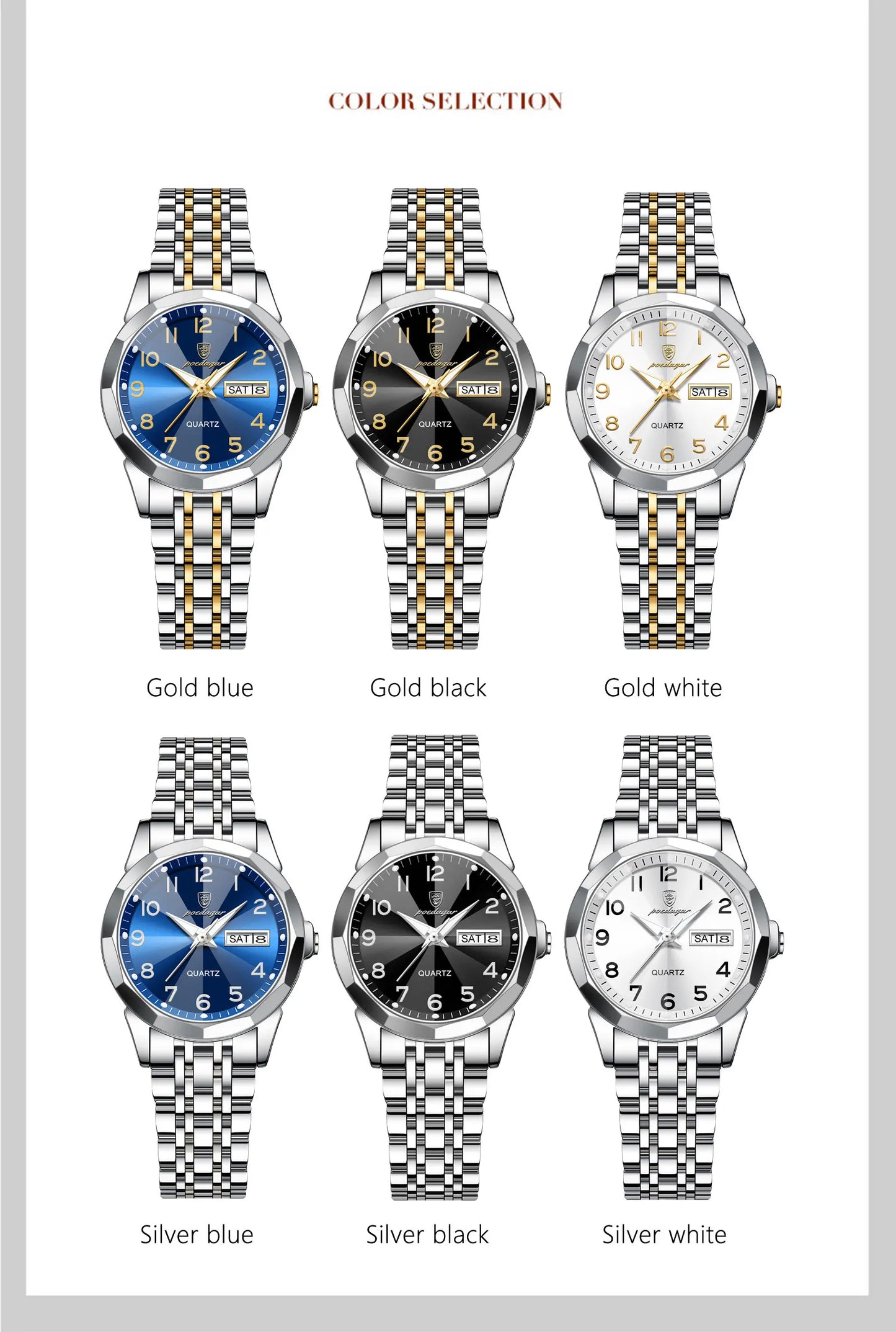 POEDAGAR Naisten Luksuskello – Vedenkestävä, Luminoiva, Päivämäärä ja Viikkonäyttö, Kvartsikello, Ruostumaton Teräs