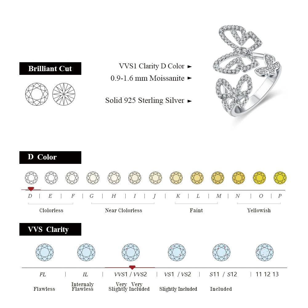 Moissanite Ring Butterfly Silver