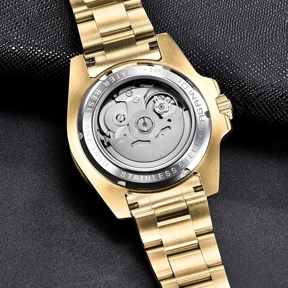 PAGANI DESIGN 100m waterproof gold automatic wristwatch